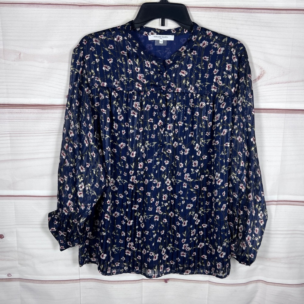 Gerard Darel Blouse Women 42 US 10 Blue Floral Lurex Stripe Pleated Chiffon Top